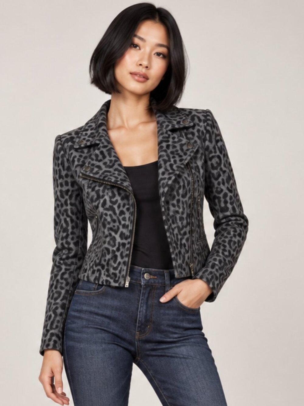 Bebe Black Gray Leopard Velveteen Moto Jacket Medium Y2K